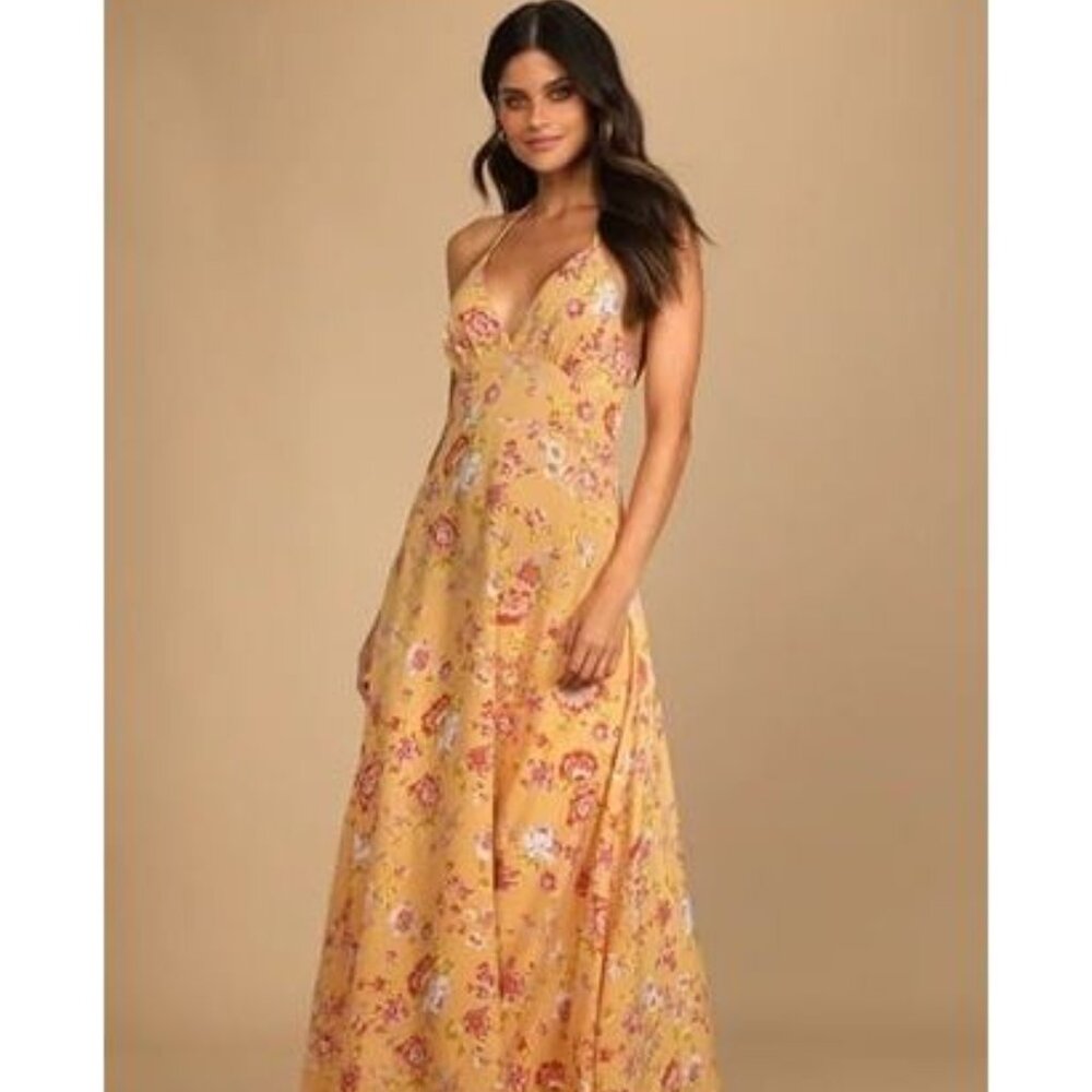 NWT Lulus Orange Floral Print Halter Maxi Dress Size M